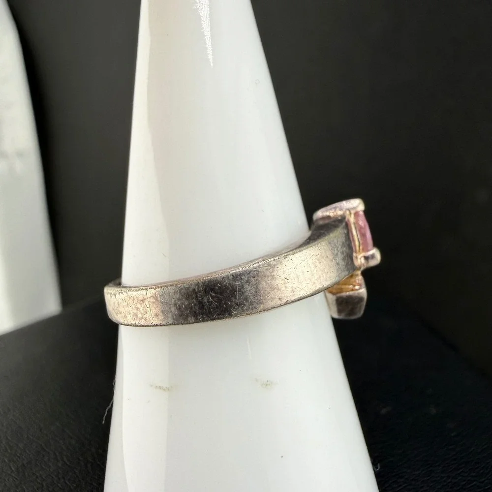 Vintage IBB Ring Pink Heart Trillion Bypass Sterling Silver Size 8.25 READ